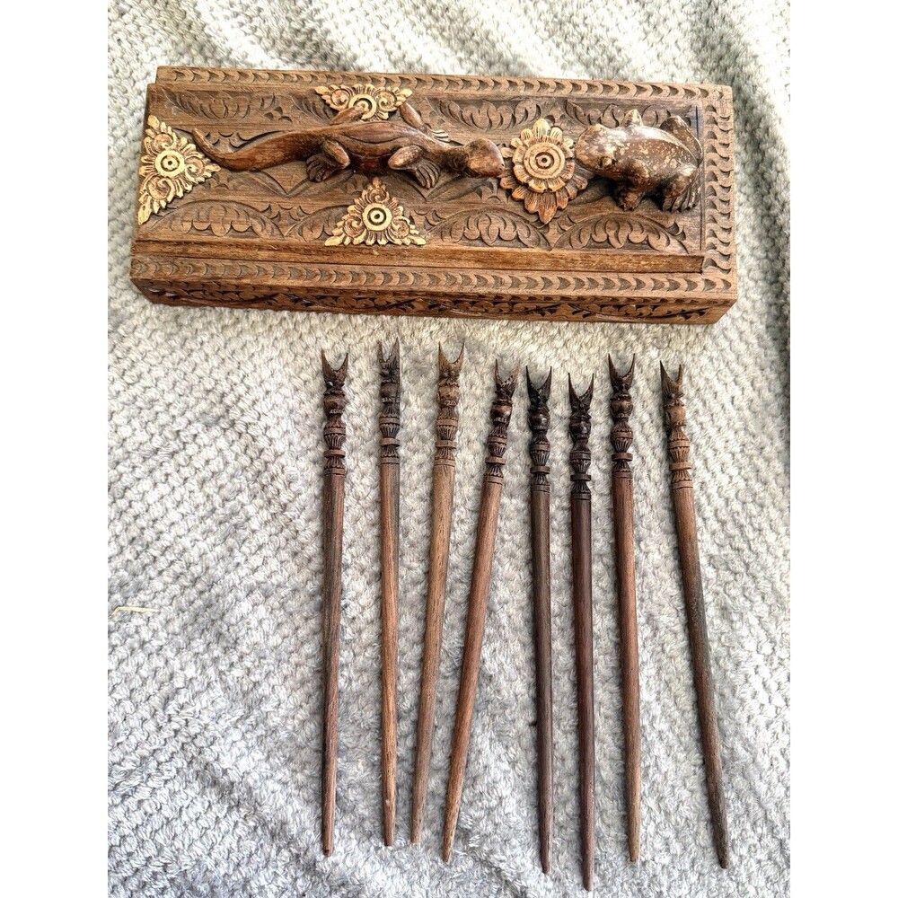 Vintage Hand Carved Wood Box with Chopsticks Lizard and Frog Set of 8 Sticks
